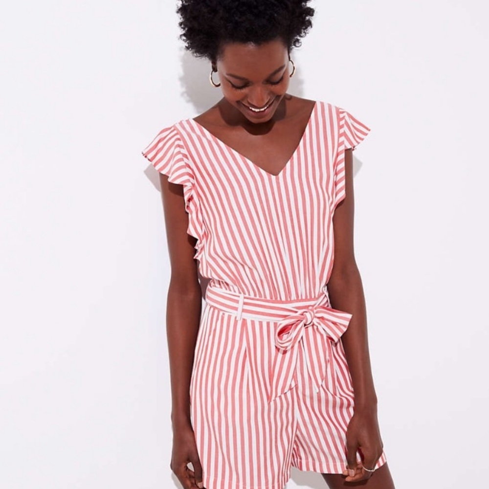 Ann Taylor LOFT Red & White Striped Flutter Tie Waist Romper